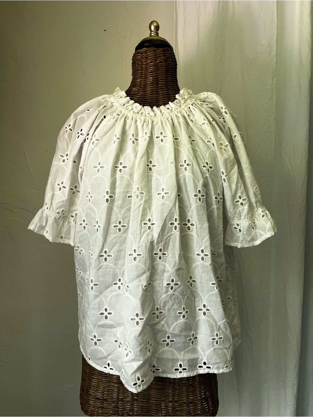 White Eyelet Smocked Neck Women's Top - Classic Cotton Peasant Blouse.